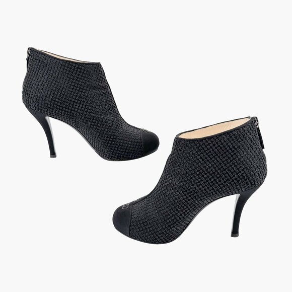 Chanel CC Cap Toe Ankle Booties Size 38.5 US 7.5-8 Black Beaded High Heel Boot - Picture 11 of 16